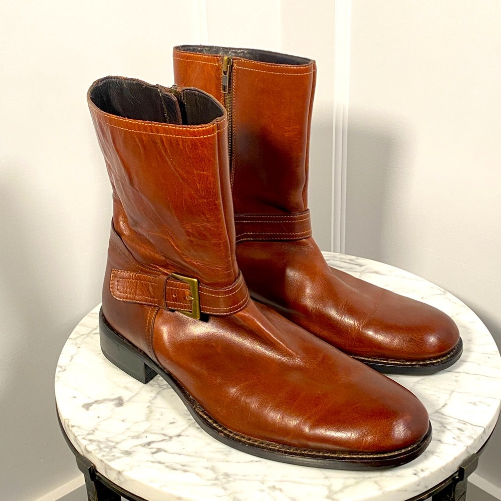 Cole Haan brown leather moto boots, size 10.5M. Gently used